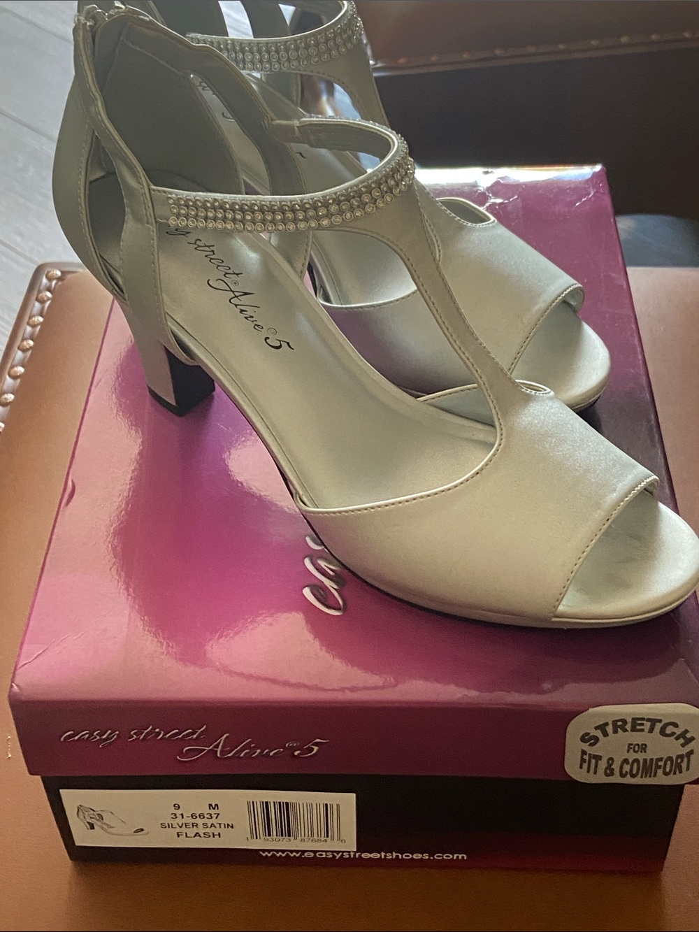 easy street Silver Satin T-Strap Jeweled Block Heel Sandals